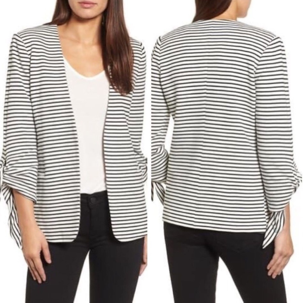 OLIVIA MOON Black & White Striped Knit Blazer: Sz M